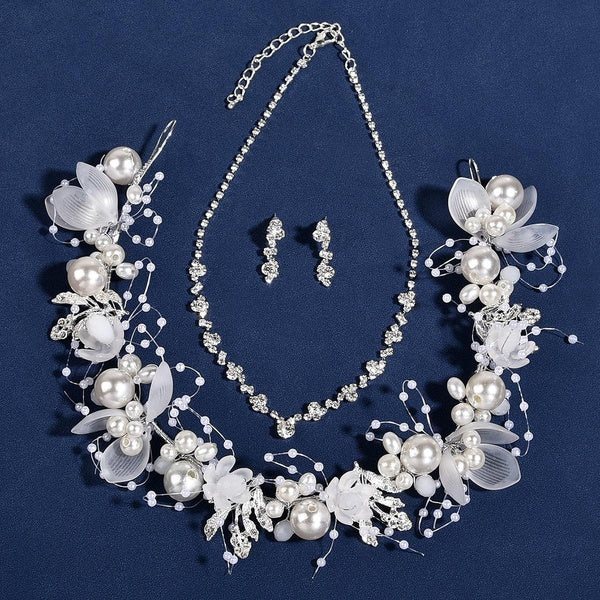 Ensemble de bijoux de mariée avec bandeau à fleurs, collier ras du cou en strass et boucles d'oreilles pendantes en diamant, ensemble de bijoux de fê