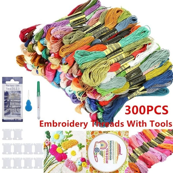 50-100-300 Colors Embroidery Thread Hand Cross Stitch Floss Sewing Skeins Craft Knitting with Punch Needles Sewing Set Tool