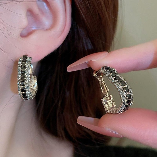 À la mode 925 Sterling Silver Black Onyx Gemstone Heart Hoop Boucles d'oreilles pour les femmes Party Fashion Boucles d'oreilles Bijoux