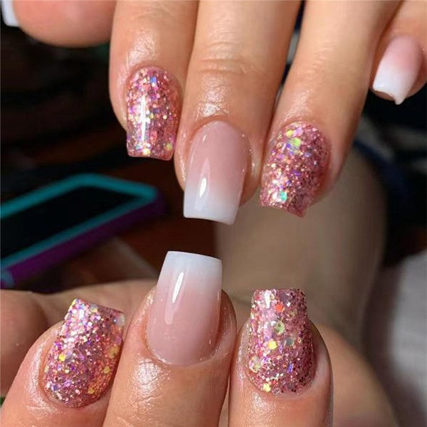 Fake Nails Art Pink Glitter Ballerina Fake Nails with Designs French Coffin Fake Nails Press On Nails Full Cover Nail Patches DIY Manicure