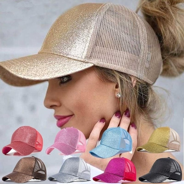 Glitter Ponytail Baseball Cap for Women Snapback Dad Hat Mesh Trucker Women's Caps Messy Bun Adjustable Hip Hop Sequin Hats