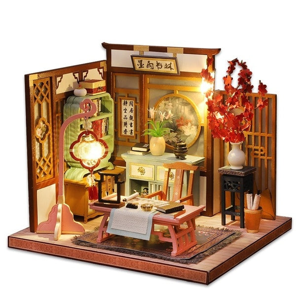 3D DIY Vintage Chinese Style Miniature Room Mini Wooden Dollhouse Kit Model Toy Crafts with Furniture LED Lights Birthday Gift