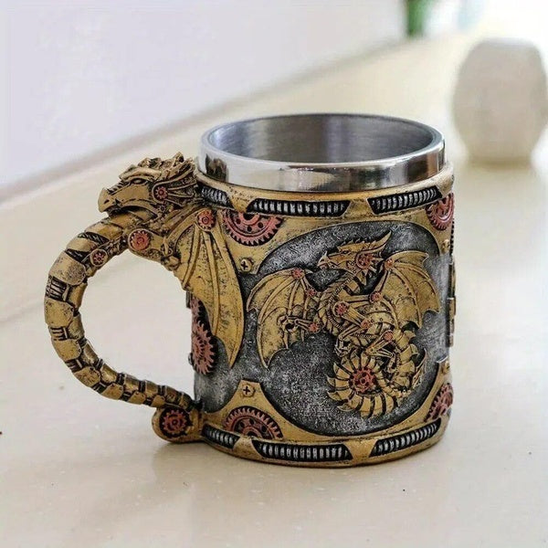 1pc Vintage Stainless Steel Mug Medieval Steampunk Dragon Coffee Cup Mechanical Dragon Beer Drinkware Father's Day Gift For Men