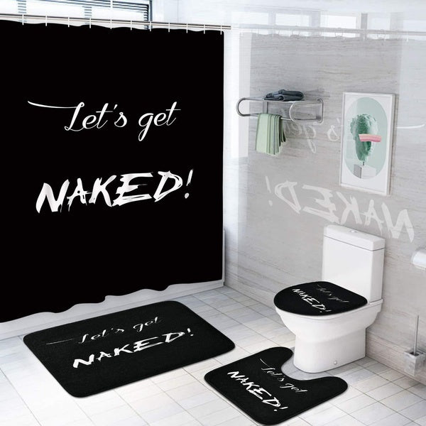 4 Pcs Let's Get Naked Shower Curtain Set with Non-Slip Rugs, Toilet Lid Cover and Bath Mat, Funny Mens Shower Curtain Set with 12 Hooks, Black White