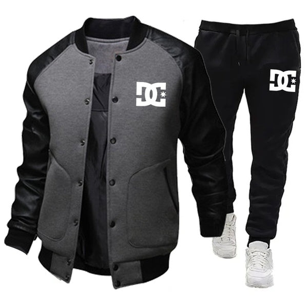 New Men's Casual Sportswear Baseball Jackets + Sweatpant Two Piece Sets Outdoor Warm Tracksuit Long Sleeve Printed Jogging Suit 4 Colors