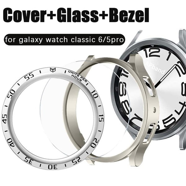 LEIXIUER PC Case+metal Bezel Ring+Tempered Glass for Samsung Galaxy Watch 6 Classic 47mm 43mm for Sansung Galaxy Watch 5 Pro 45mm Screen Protector Bu