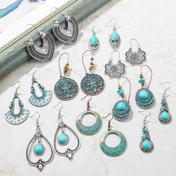Boucles d'oreilles élégantes pour femmes Boucles d'oreilles de style bohème Natioanl Bijoux pour cadeaux Boucles d'oreilles pendantes turquoise pour