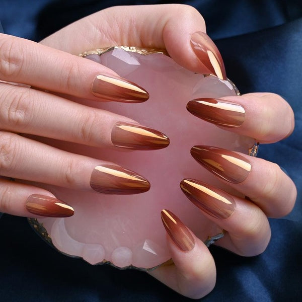 Magic Mirror Fake Nails Metallic Aurora Gradient Amber Short Almond Press on Nails Medium Length for Girls Women Daily Wear, Gifts for Her 24PCS
