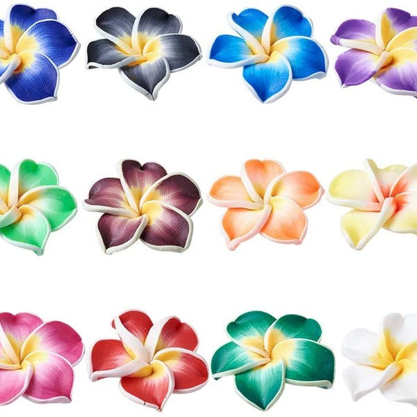 20Pcs Polymer Clay Plumeria Flower Spacer Loose Beads 12x8mm Random Mixed Colors 5 Petal Floral Charm Beads Side Drilled Hole: 2mm for Jewelry Making