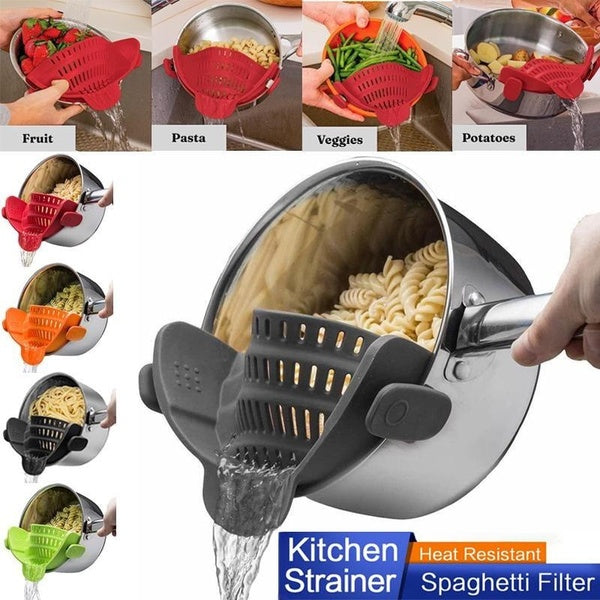 1 Pcs Silicone Clip sur Passoire pour Pots Pan Pasta Passoire Cuisine Passoire Alimentaire Mains Libres Pan Passoire pour Spaghetti Pâtes Riz