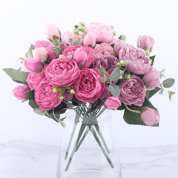 30cm Rose Pink Silk Peony Artificial Flowers Bouquet 5 Big Head and 4 Bud Cheap Fake Plants for Home Wedding Decoration Indoor