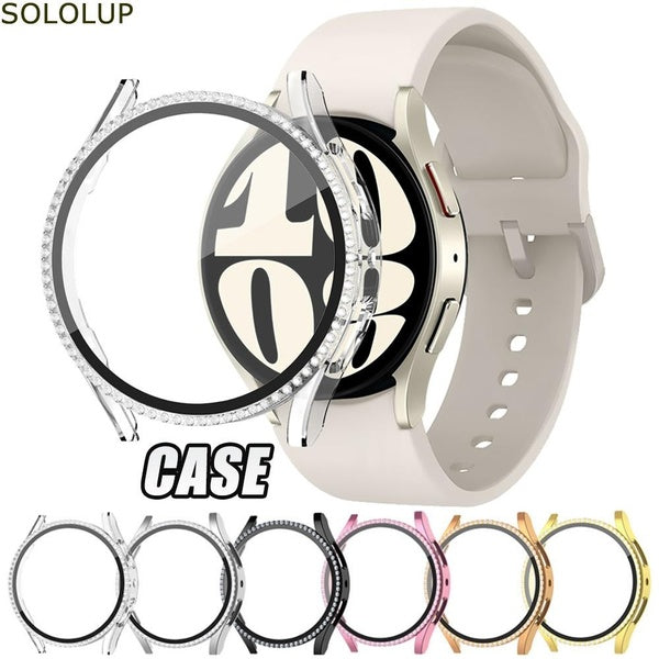 SOLOLUP Temepred Glass with Diamond Case for Samsung Galaxy Watch 6 40mm 44mm for Galaxy Watch 6 40mm,Women Screen Protector Accessories Bling PC Bu