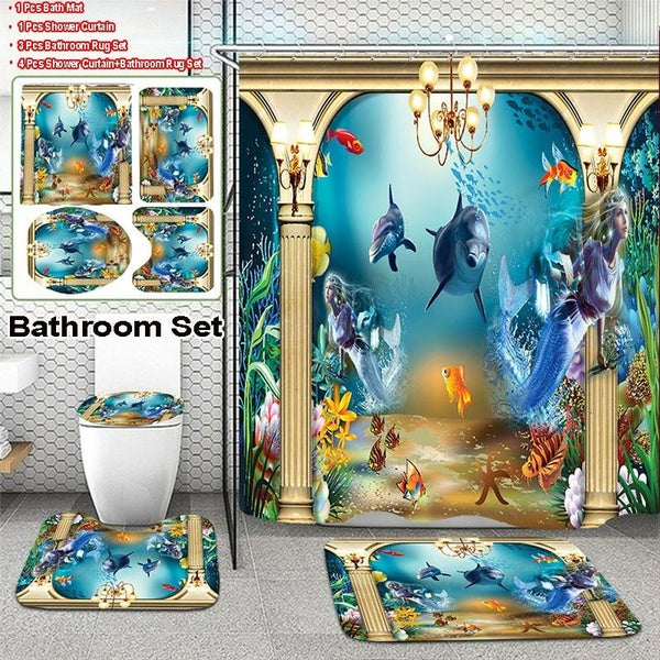 3D Printed Seaworld Dolphin Bathroom Decor Shower Curtain Set Waterproof Bath Curtain + Toilet Cover + Non-Slip Bath Rug + Toilet Seat Shower Curtain