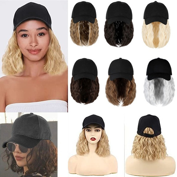 For Woman Girl 16 Inch Baseball Cap with Hair Wig Straight Short Bob Hairstyle Adjustable Size Wig Hat Natural Soft Hair Extension Detachable Or One-