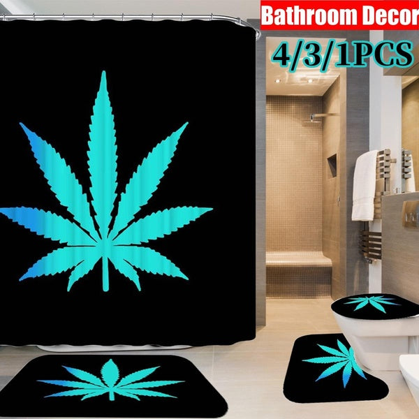 3D Blue Mapleleaf Pattern Print Bathroom Shower Curtain Set Bathroom Decoration Waterproof Bathroom Non-slip Bath Rugs Toilet Seat Cover Pedestal Rug