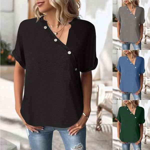 Fashion V Neck Short Sleeve Blouses for Ladies Casual Button Loose Tops Women's Fashion Clothes Solid Color