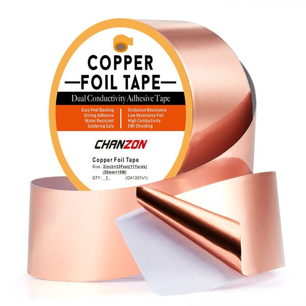 Chanzon Ruban en feuille de cuivre 50 mm 2 pouces x 33 pieds Adhésif conducteur double face pour blindage EMI et RF, électrique, anti-limaces et esca