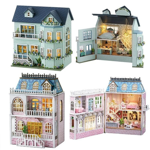 2pcs Dollhouse Miniature DIY House Kit, Wooden Romantic Castle Tiny House, Creative Room with Furniture and LED Light for Birthday Gift