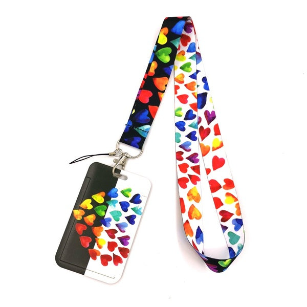 Colorful rainbow love hearts Fashion Lanyard ID Badge Holder Bus Pass Case Cover Slip Bank Credit Card Holder Strap Card Holder