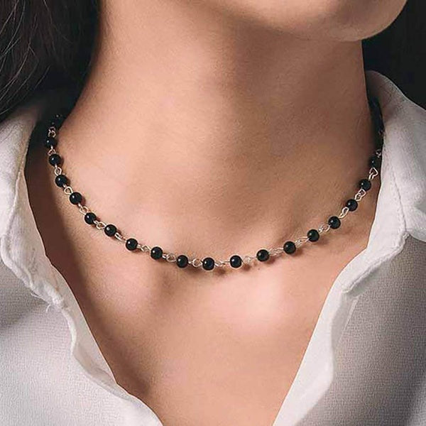 Boho Choker Necklace Chain Rice Beads Short Necklaces Beaded Necklace Jewelry for Women and Girls (Black-Silver)