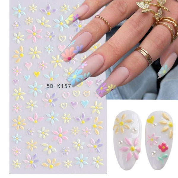 5D Embossed Nail Art Stickers Floral Self Adhesive Nail Decals Colorful Daisy Flower Heart Nail Supplies Manicure Accessories