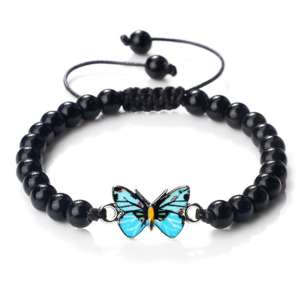Shiny Black Natural Stone Bracelets Charm Butterfly Pendant Women Onyx Agates Beaded Bracelet & Bangle Couples Yoga Handmade Jewelry