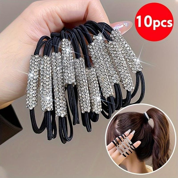 10pcs, Glitter Rhinestones Double Layers Durable Hair Ties, Women Girls Casual Leisure Hair Accessories, Gift Photo Props