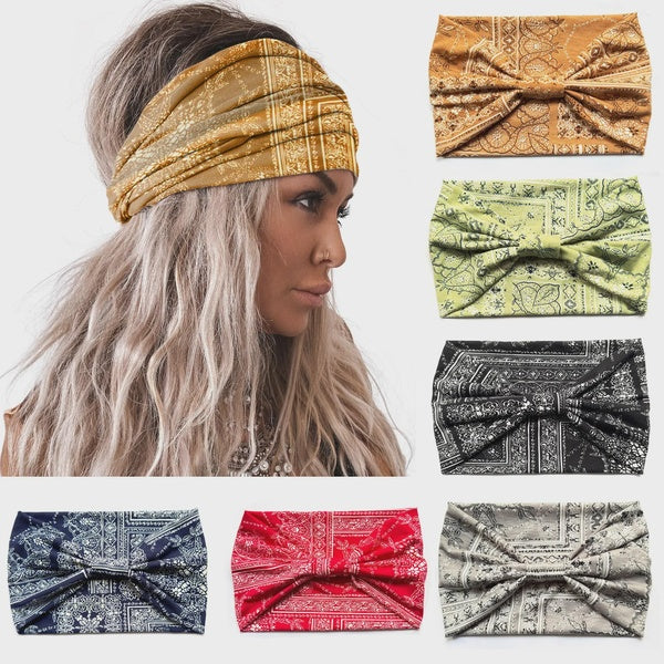 Bandeaux Boho pour femmes Bandeaux de cheveux larges et extensibles à la mode Bandeaux de tête noués Turban Yoga Running Bandeau de transpiration Ban