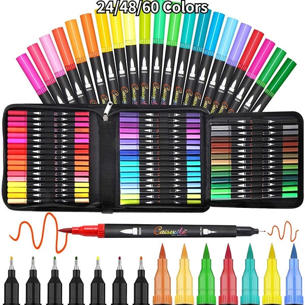 24-48-60 Colors Paint Marker Brush Pens, Dual Tips Fine Point Water Based Art Markers Fineliner Calligraphy Pen with Canvas Bag, for Kids Adults Colo