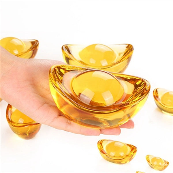 Feng Shui Chinese Yellow Crystal Glass Gold Ingots Paperweight Lucky Home Decoration Family Fashion Gift
