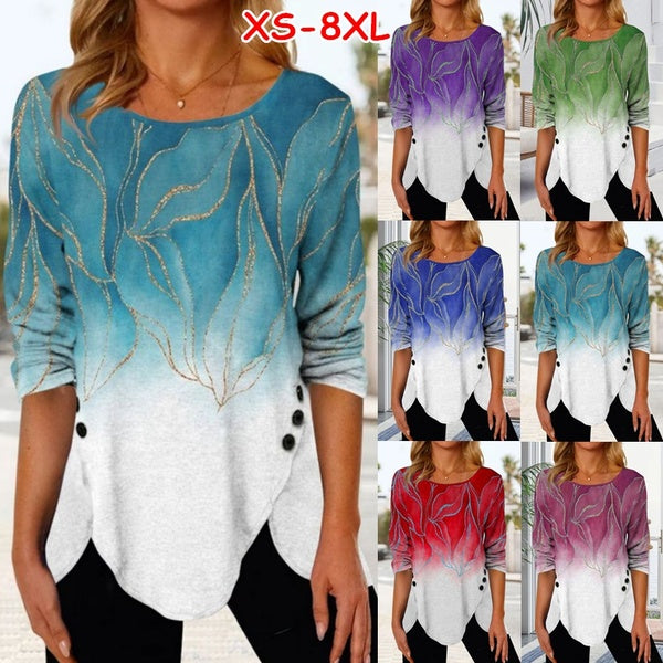 Plus Size XS-8XL Women Fashion Autumn Clothes O-neck Long-Sleeve Tops Ladies Fashion Floral Printed Blouses Casual Irregular Hem T-shirt Button Stitc