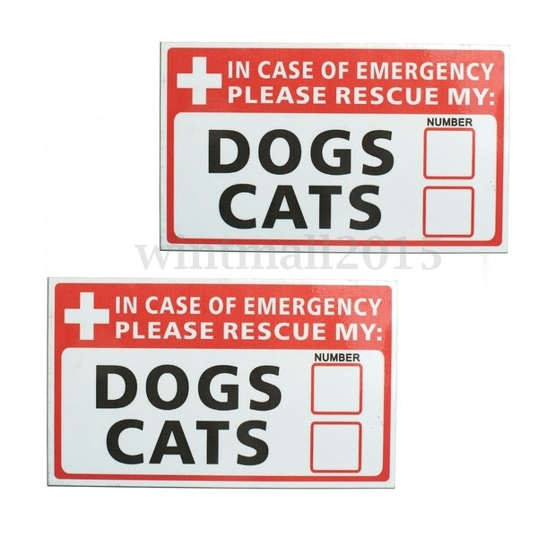 2pcs Emergency Pet Rescue DOGS CATS Vinyl Sticker Signs Safety Warning 74*125mm Matron Inn