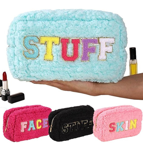 Plush Makeup Bag Portable Travel Lipstick Skincare Cosmetic Bag Cute Zipper Pouch Chenille Letter Patch Storage Bag Multifunctional Toiletry Wash Bag
