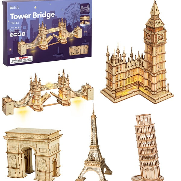 Robotime Rolife DIY 3D Tower Bridge,Big Ben,Famous Building Wooden Puzzle Game Assembly Toy Gift for Children Teen Adult