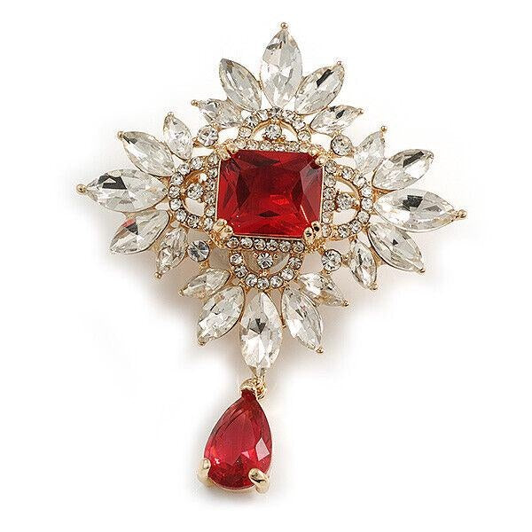 Statement Victorian Style Red-Clear Austrian Crystal Charm Brooch-Pendant in