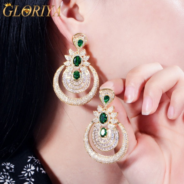 Gloriya Indian Luxury Fashion Grandes boucles d'oreilles pendantes géométriques creuses avec pierre verte pour banquet de mariage Déclaration des fem