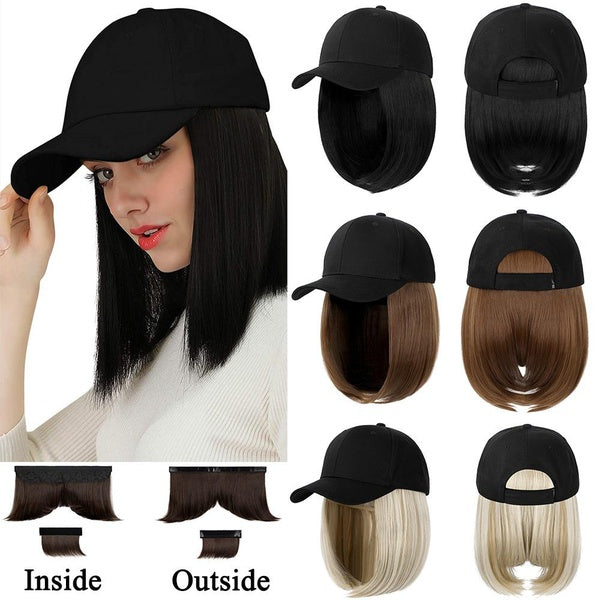 1pc casquette de baseball avec extensions de cheveux chapeau court bob extensions de cheveux taille réglable détachable perruque chapeau pour femmes