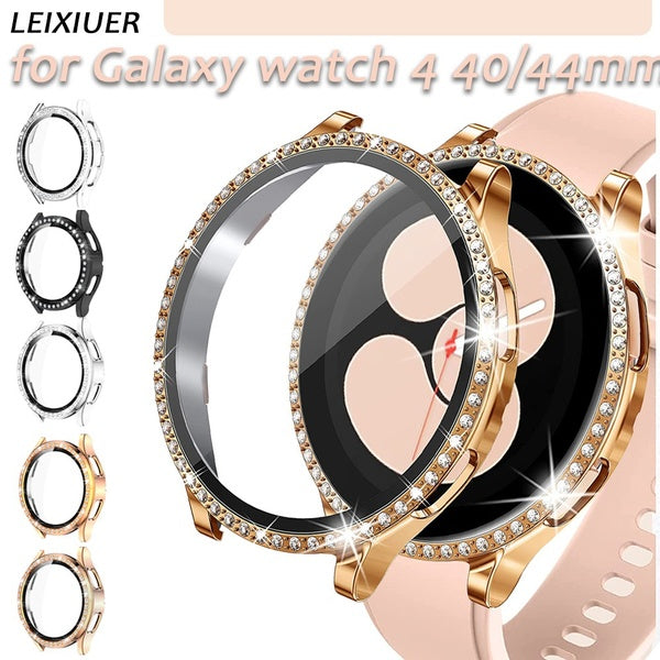 LEIXIUER Tempered glass with Diamond case for samsung Galaxy watch 4 44 mm 40mm Bling Screen protector PC cover bumper for Galaxy watch 4 44mm 40mm