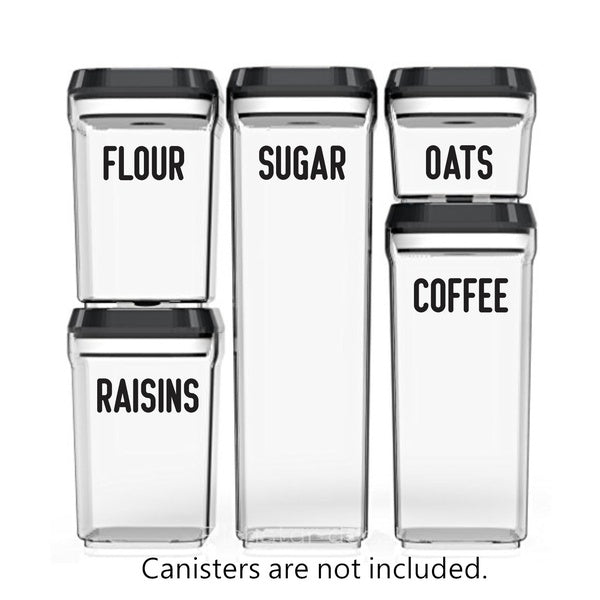 Canister Set Labels RAISINS COFFEE SUGAR FLOUR OATS, closet organization, kitchen pantry vinyl decals set of 5