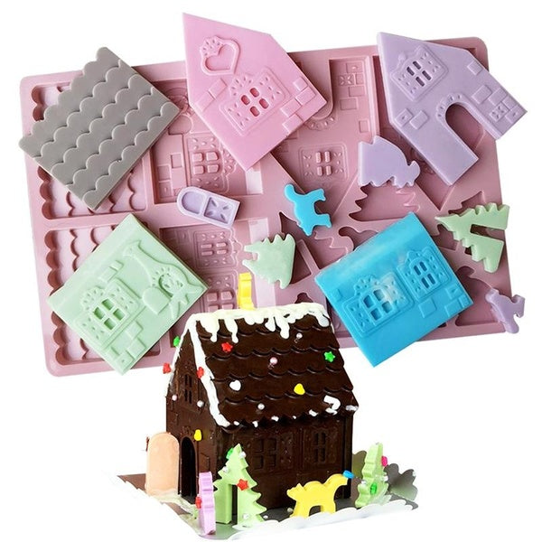 3D Christmas House Silicone Molds Gingerbread House Soap Moulds Tray Non-stick Baking Molds for Chocolate Cake Dessert Candy Mousse Pastry Handmade S