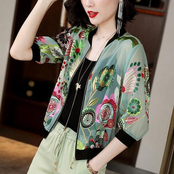 Women Baseball Coat Spring Summer Sun Protection Printed Jacket Lady Thin Tops Plus Size 5XL Three Quarter Sleeve Clothing