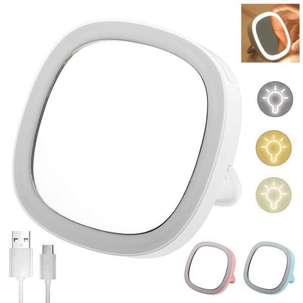 Portable LED Pocket Mirror with Stand Bracket, 3 Color Light Dimmale USB Rechargeable Travel Makeup Mirror with Light, Lighted Women Vanity Cosmetic