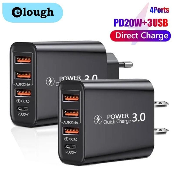 Elough 4 Ports EU-US Plug Charger Quick Charge 3.0 Phone Adapter For IPhone Samsung Xiaomi Fast Wall Chargers Usb C Power Adapter