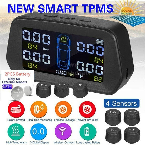 LANGDA Smart Big Color LCD Screen TPMS Solar Car Security Tire Pressure Monitoring System Wreless Tire Pressure Monitoring 6 Bar 87 Psi Waterproof US