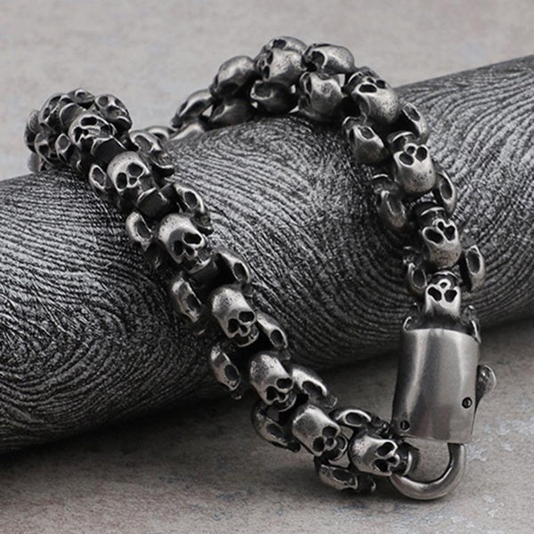 Punk Rock Skull Heads Link Chain Man Bracelet for Men Gothic Brushed Matter 316L Stainless Steel Bikers Skeleton Jewelry Holloween Accessories Matron Inn