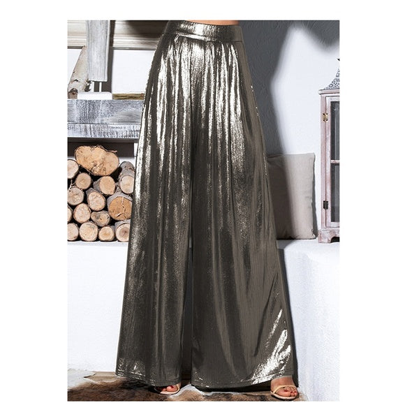 Plus Size Fashion Summer Ladies Loose Pants Metallic High Waist Pleated Wide Legs Trousers Glitter Casual High Street Long Pants