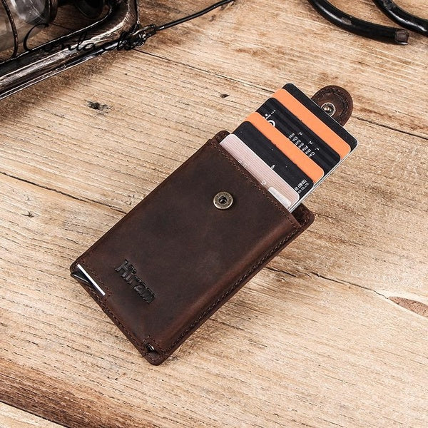 Crazy Horse Cow Leather Men Hasp Card Holder RFID Blocking Mini Slim Credit Card Wallet