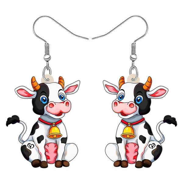 Acrylic Cartoon Milk Cow Small Bell Drop Dangle Earrings Charms Farm Animal Jewelry Decorations For Women Girls Kids Christmas Gifts