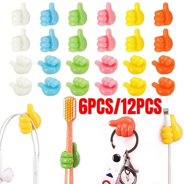 6pcs-12pcs Fun Cord Holders Self-Adhesive Wall Decoration Hook Creative Plastic Thumb Key Hanger Hook Home Office Data Cable Clip Wire Desk Organizer