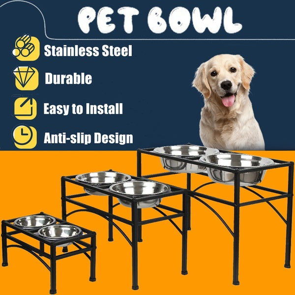Elevated Raised Pet Dog Feeder Bowl Stainless Steel Food Water Stand With 2 Bowls